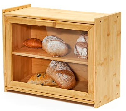 RoyalHouse Panera de bambú de doble capa con ventana transparente, almacenamiento de pan y organizador para encimera de cocina, recipiente de pan, requiere montaje