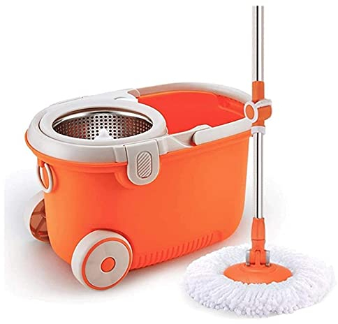 BKWJ Fregona y Cubo de Giro de Acero Inoxidable y Cubo, trapeador y Cubo con Conjunto de escurridores, trapeadores giratorios para Limpieza por Suelo con 6 Cabezas de Microfibra