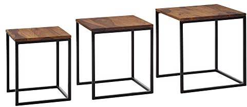 möbelando Satztisch 3er Set Sheesham Massivholz/Metall Beistelltisch Eckig Modern | Design Couchtisch 3-teilig | Wohnzimmertische Platzsparend | Holztisch Satztische Wohnzimmer