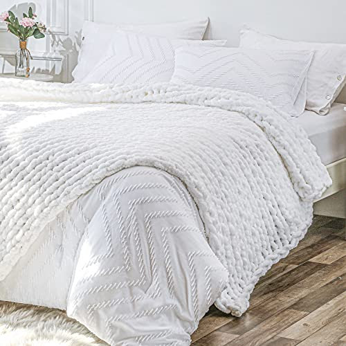 Bigacogo Tjock stickad filtöverkast 102 cm x 102 cm, 100 % handstickad chenille prydnadsfilt, liten mjuk tjock garnkabel stickad filt, söt repknut virkad filt för bäddsoffa (vit)