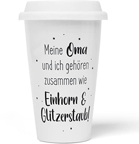 JUNIWORDS To-Go Becher mit Deckel, Meine Oma und ich gehören zusammen wie Einhorn & Glitzerstaub! (1008689)
