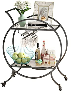 OuQinDesign Barwagen Gold Bar Cart Servierwagen Mini Bar mit 2 Weinglashalter und Rollen Barwagen für Zuhause Küche Club Wohnzimmer