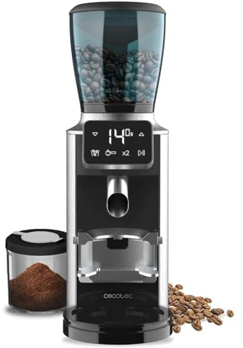 Cecotec - Moulin à Café Électrique SteelMill Touch - 200W, Acier Inoxydable, Écran Tactile et 30 Niveaux de Mouture, Récipient à Grains de 300gr avec Couvercle et 200gr de Café en Poudre