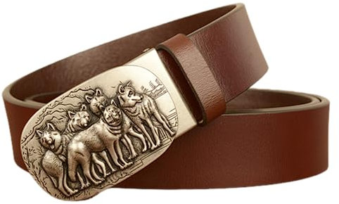 NALANY Herren Gürtel, Leder Schiebe Ratsche Automatik Gürtel Für Männer Ledergürtel Breite 3.5cm Western Cowboy Automatikschließe Mit Gravur Wilder Wolf Pack Dekorativ(110cm/waist:37, Brown)