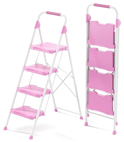 KINGRACK 4 Step Ladder, Sturdy Step Stool with Handrail, Anti-Slip Wide Pedals, Foldable Step Stool for Home, Garage, Garden, Safety Locking, Pass 900LBS Testing, Pink