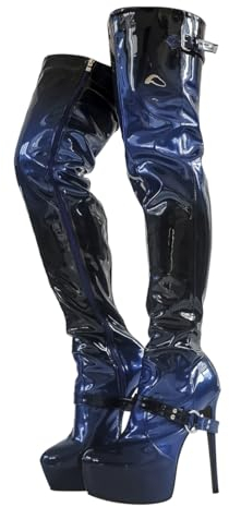 blingqueen Overknee Stiefel für Damen Plateau Stiletto Boots Lack Metallic Schwarz Blau 44 EU