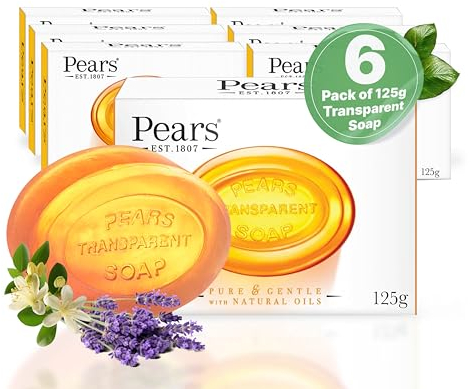 Pears Pure & Gentle Transparent Natural Soap Bar - Made with Natural Oils, Nourishing and Refreshing Bathing Cleanser, Gentle & Soothing Skin Care, Pure Transparency, Pack of 6 x 125g