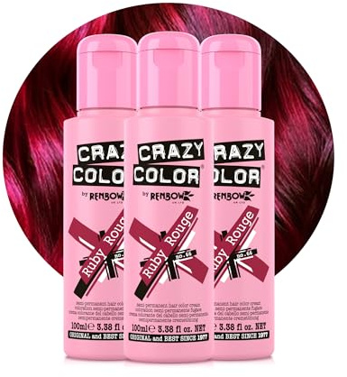 Crazy Color Ruby Rouge Red Hair Dye Trio 300ml | Vibrant Semi Permanent, Highly Pigmented Conditioning & Oil Nourishing Vegan Formula | No Bleach or Ammonia