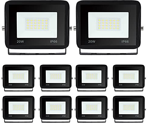 Jopassy LED Strahler Außen 10x 20W,Wasserdicht LED Fluter Flutlicht 1700lm 6000k Kaltweiß,IP66 Außenstrahler für Garage,Schuppen,Terrasse,Arbeitsraum,Sportplatz,Rasenflächen,Auffahrt