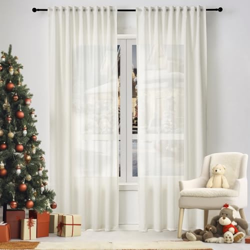 WOLTU halbtransparenter Vorhang mit Kräuselband Leinenoptik 135x245cm Creme