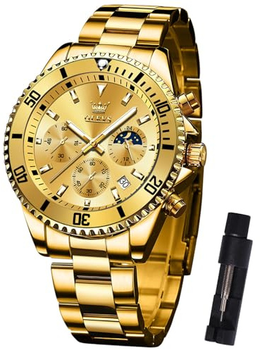 OLEVS Goldene Uhren Herren Edelstahl Luxus Quarz Analog Männer Uhr Chronograph Modern Wasserdicht Herrenuhren mit Leuchtziffern Goldfarben Zifferblatt Herren Uhren mit Datum Geschenke für Männer
