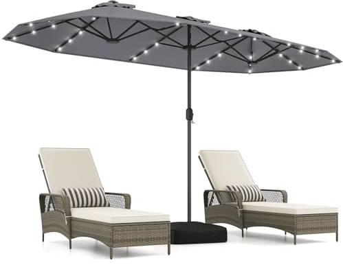 COSTWAY Ombrellone Giardino Doppio 400 x 200 cm, 36 Luci LED Solari (Grigio | Manovella 12 Stecche, Base, Anti-UV, Rettangolare, per Giardino Piscina Cortile