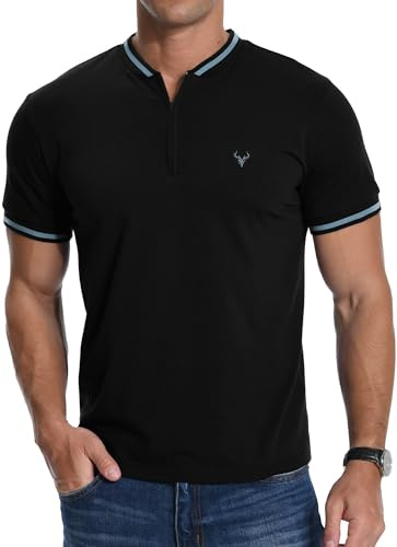 MLANM Men's Zip Henley Cotton Short Sleeve T-Shirt Black L