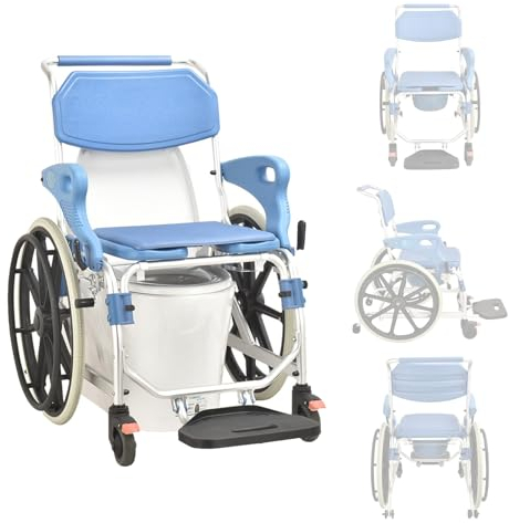 LANGSTON Travel Shower Wheelchair, Multifunction Bedside Commode Chair, Self Propelled Wheelchair with Potty, Armrests & Footrest, for Elderly Disabled, 330lbs,A