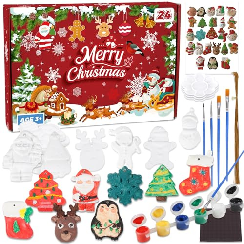 Aitsite Calendario Adviento 2024, 24 Imágenes de Elementos Navideños Kit Pintura Niños Manualidades Niños, Cuenta Regresiva Navidad Escayola Manualidades para Regalos Familiares y Amigos