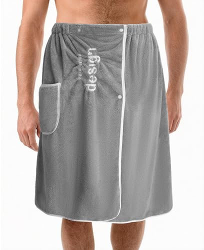 IETWATE Saunahandtuch Herren Grau, Saunakilt Herren aus Korallensamt, Schnelltrocknende Sauna Handtuch Groß, Verstellbar Saunatuch Herre, Weiches Badetuch Groß mit Tasche 65 x 140 cm
