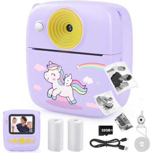Dhapy Camara Fotos Infantil Instantanea, Cámara De Fotos Infantil De 48 MP con Papel De Impresión Y Tarjeta TF De 32 GB, Camara Fotos Instantaneas 1080P, Regalo Niños Y Niñas De 3 4 5 6 7 8 9 Púrpura