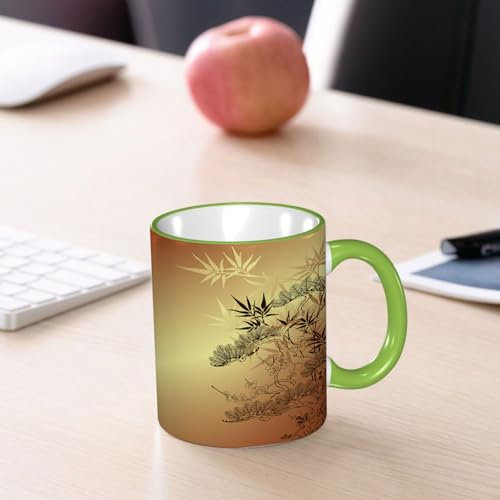YOIUE Tasse aus Keramik - Große 11oz Tassen 330ml Kaffeetassen mit Henkel, 100% Handbemalt - Trinkgläser mit Griff - Weiß,Zweige und Bambusmuster im japanischen und asiatischen Stil mit auffälligen B