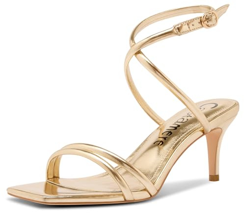 Castamere Femmes Mi Kitten Talon Heel Ouvert Carré Bout Sandales Lanières Cheville Lanières Croisées Danse Dress Cute Été 6.5 CM Heels Or 41 EU