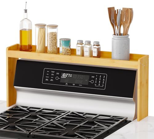 SpaceAid Bamboo Over the Stove Spice Holder Shelf, 31.5 Kitchen Organizer Stove Spice Top Rack, 11.6 Height Countertop Storage, Over Oven Back Sink Organization Shelf, Natural