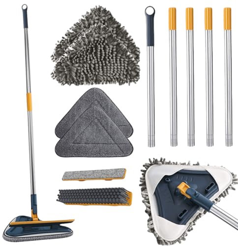 mocio triangolare a 360 gradi, per la pulizia delle piastrelle e lavavetri, manico lungo, girevole regolabile, multifunzione per pareti in vetro