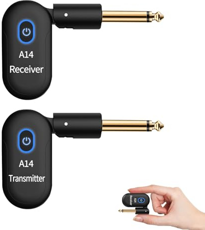 A14 Wireless Gitarrensystem 2.4GHz 2 Modi, Daumengröße, Wiederaufladbarer Li-Akku, 100ft Reichweite, 10 Stunden, Plug & Play für Gitarre, Bass, Violine, Keyboard (1TX + 1RX)