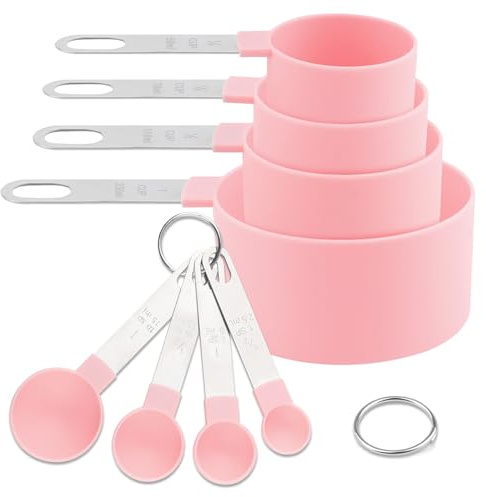 Ktxaby 8 Stück Messlöffel Set mit Edelstahlgriff,4 Messbecher und 4 Messlöffel,Messwerkzeug Küche für Backen Kochen Flüssigkeiten und trockene Zutaten(Rosa)