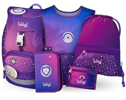 Baagl skolväska pojkar flickor set 5 delar (Airy skolväska för 1:a Klass, pennfodral, gymväska, förkläde, bröstväska), grundskola raser, ergonomisk skolryggsäck, 16,5 l, Hästhjärta, Mittelgroße