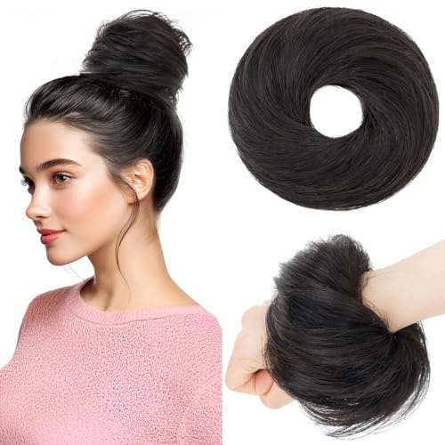 Benehair Echthaar Scrunchies Hochsteckfrisur, Echthaar Haargummi Hochsteckfrisuren, 25g Echte Haare Gerade Dutt, Haarverlängerung Haardutt Rose Dutt für Frauen, Naturschwarz #1B