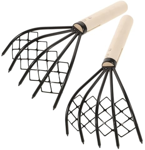JOINPAYA Rastrillo de Excavación Multiusos con Red para Mariscos Playa, Mango de Madera Antideslizante, 2 Piezas, Herramienta Resistente de Acero al Carbono para Almejas y Conchas
