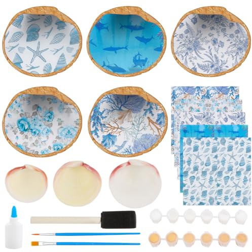 WEBEEDY 5 Sets Oyster Shells for Crafts DIY Blue Clam Shell Jewelry Tray Kit with 5 White Natural Shells 10 Pcs Decoupage Paper Napkin Paint and Brushes,Summer Seashell Jewelry Display Plate