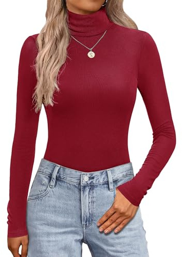 Zeagoo Maglia a maniche lunghe da donna con collo alto, pullover elegante, basic, top, slim fit, canottiera a coste, elasticizzata, pullover tinta unita, top casual XS-XXL, Colore: rosso, S