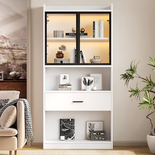 Glas vitrine mit Beleuchtung, Bücherregal mit Glastüren, Glasvitrine stehend mit Schubladen, Sammlervitrine, Vitrinenschrank/Aufbewahrungsschrank für Wohnzimmer, Schlafzimmer, Diele, Büro, weiß (1)