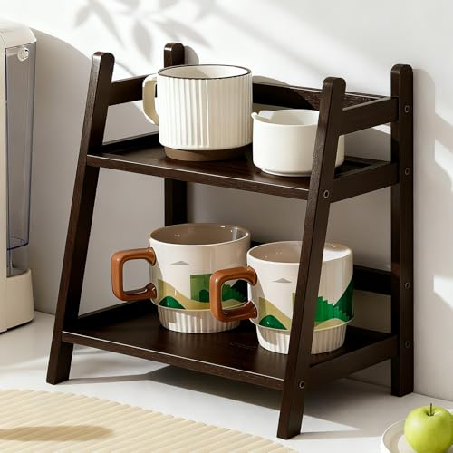 Biutimarden 2-Stöckiges Bambus Kaffeetassehalter Becherregal für Tassen Tee Kaffee Bar Kaffeetassenregal für Arbeitsplatte für Küche, Wohnzimmer, Balkon