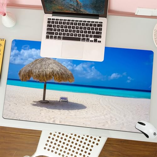 QRFASFZO Mouse Pad 31.5 × 12 inch Extended Large Mouse Mat Desk Pad, Stitched Edges Mousepad,Non-Slip Rubber Base,Seaside,Parasol and Chair Sunny Day in Romantic Beach Caribbean P,Gaming Mouse Pad XL