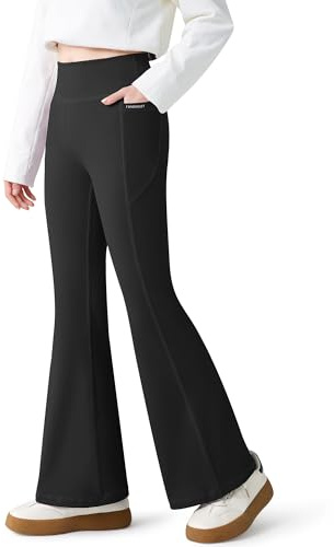 Baogaier Flickor utsvängda leggings med 2 fickor hög midja stretchiga andningsbara atletiska byxor mjuka lediga dans sport skola klockormsbyxor barn träningskläder för 7-14 år, Svart, 14-15 År
