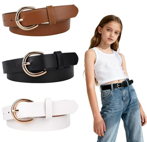 Mikovivi 3pcs Elastic Girl Belt for Kids Toddler Size 10-12 Teen, Skinny Children Leather Belt Clothing Accessories Supplies for Jeans Dresses (Black, White, Camel)