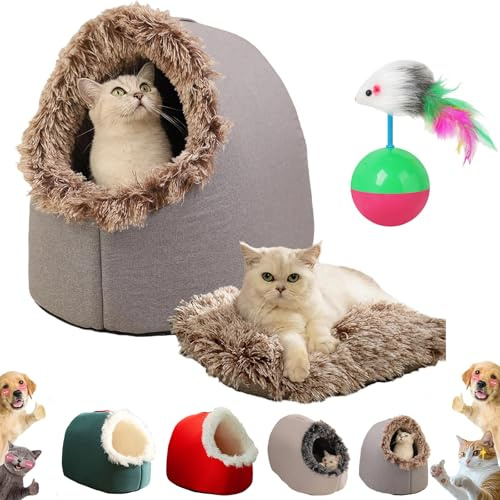 Pnedeodm Winter Warmes Haustierhöhlenbett, Weiches Flauschig Katzen Höhle mit Herausnehmbarer Waschbarer Matte, rutschfeste Basis, Hundehöhle Indoor für Katzen und Kleine Hunde (Grau, L)