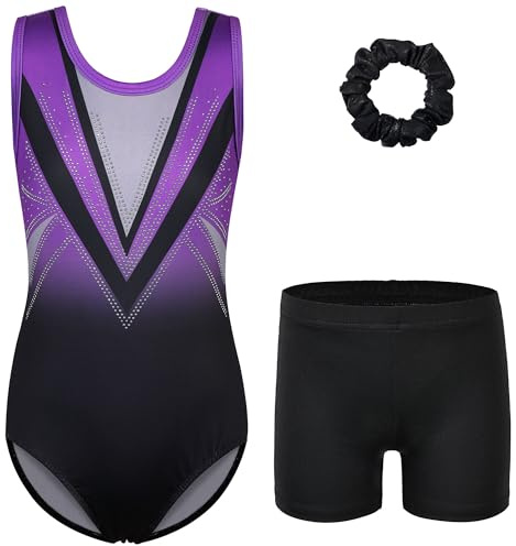 ZNYUNE Mädchen Turnanzug mit Hose Haarband Set Gymnastikanzug Kinder Shorts Trikot Turnen Ärmellos/Langarm Kleidung klassisch Turnbody