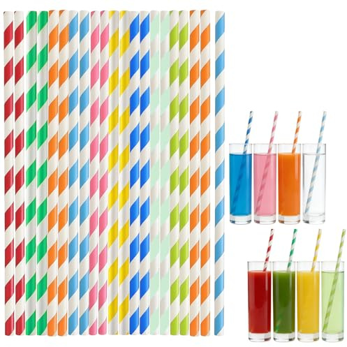 Colourful Striped Paper Straws 100 Pack, Disposable Paper Drinking Straws for Cold Drinks, Juice, Cocktails & Soft Drinks, Rainbow Party Straws for Birthday, Wedding, Baby Shower & Kids Parties