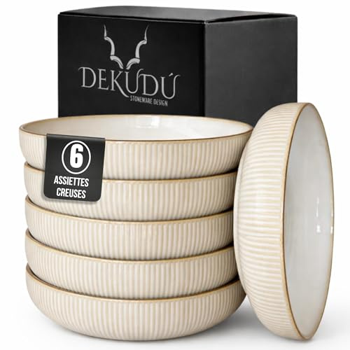 DEKUDÙ Platos Hondos Pasta Sopa Platos Vajilla Cuencos Sopa - Ceramica de Gres de Calidad - Fabricados a Mano - 6 Piezas 19,5cm - Gran Dureza Aptos Lavavajillas Microondas - Color Beige