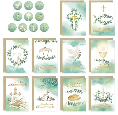 Set di 10 biglietti di auguri per comunione formato A6, con buste e adesivi, biglietti pieghevoli per comunione, battesimo, cresima, per ragazze e ragazzi