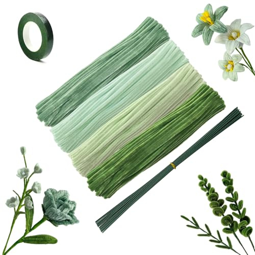 ANBOWEI Grün Pfeifenreiniger Blumen Set 4 Farben Basteln Pfeifenputzer | 240 Stück Bouquet Pfeifenreiniger zum Basteln, Green Pipe Cleaner Flower Set mit Grün Blumendraht und Blumenband