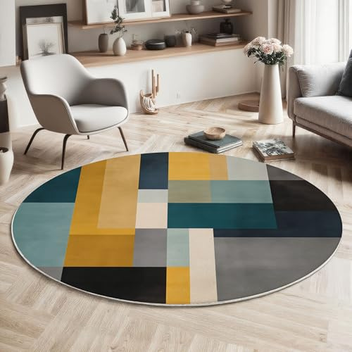 Tappeto Rotondo Stile Minimalista Moderno Salotto, Tappeto Stampa Geometria Blocchi Di Colore Morbido Antiscivolo, Tappeti Giallo Flanella pelo corto, per Interno Bambini Cameretta Cucina 120cm