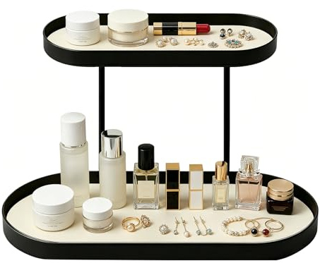 KEBMCHN Zweistöckiger Parfüm Organizer ohne Montage, Schwarz und Weiß | Modernes Regal aus Metall & Kunstleder, Robust & Stabil, Für Kosmetik, Schmuck, Bad, Wohnzimmer