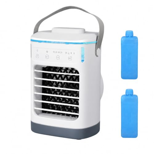Aire acondicionado portátil pequeño, 4 en 1, mini enfriador de aire con refrigeración por agua, 4 velocidades, temporizador 2-8H, enfriador de aire USB silencioso con 7 colores LED para habitaciones y
