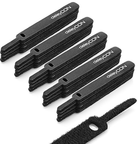 deleyCON 50x Klett Kabelbinder 11,5cm Klettband 12mm Breit Kabelmanagement Kabelorganizer Klettkabelbinder Klettverschluss Schwarz