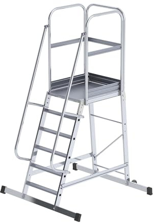 eurokraft | Alu-Podestleiter | einseitig begehbar | fahrbar | 6 Stufen