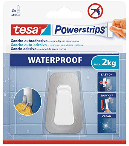 tesa 59784 Wasserdichte Mehrzweck-Haken, modernes Design, Metall, für Bad oder Küche, Powerstrips wasserdicht, selbstklebend, bis 2 kg, grau