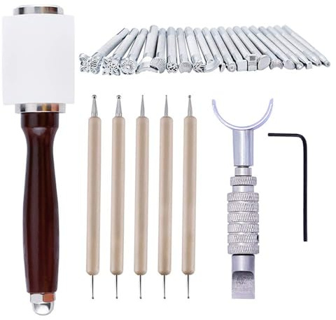 MAGIIN 20 Stück Leder Handwerk Werkzeuge Lederprägewerkzeuge Tool Kit Carving Werkzeug Ahle Punzieren Hammer Rotationsmesser